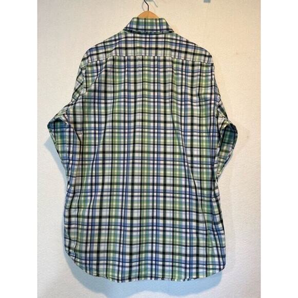Neiman Marcus Mens Large Plaid Trim Fit Button Up Shirt Blue Green White Plaid - Picture 10 of 12